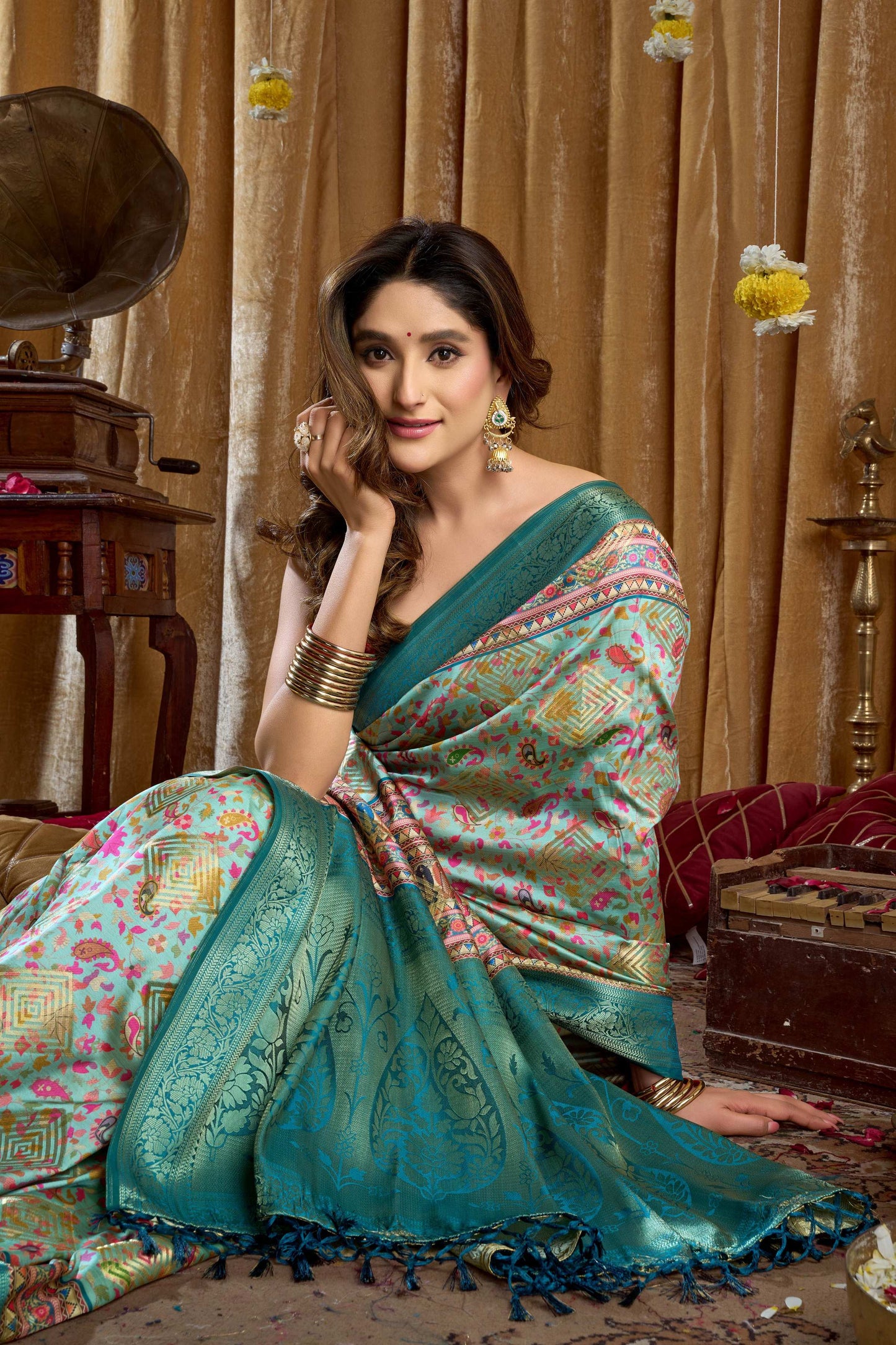 Jyoti Fashion Women's Turquoise Banarasi Digital Cluster Print Saree with Blouse