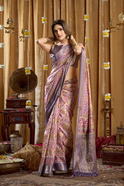 Jyoti Fashion Women's Purple Banarasi Digital Cluster Print Saree with Blouse