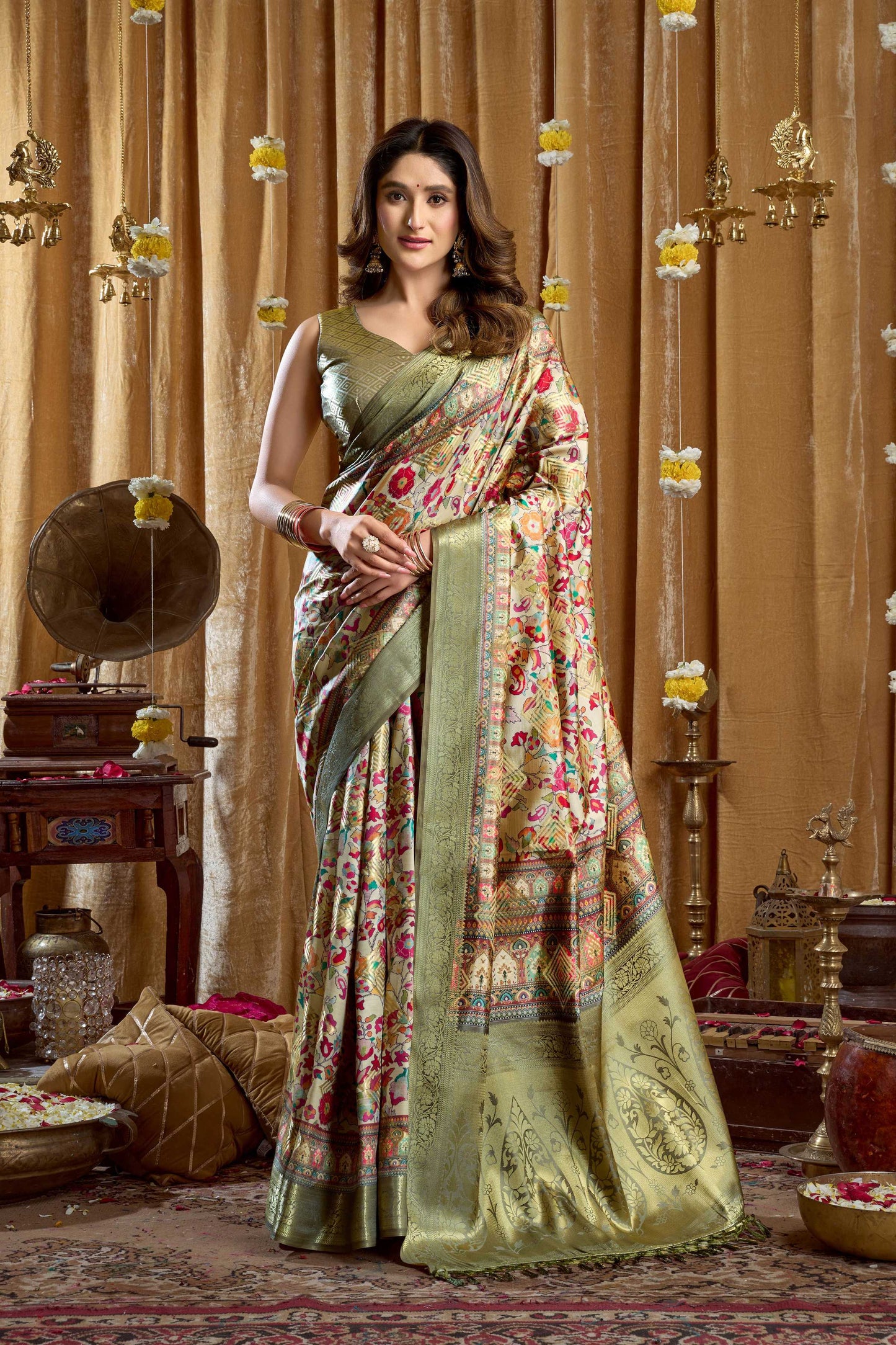 Jyoti Fashion Women's Green Banarasi Digital Cluster Print Saree with Blouse