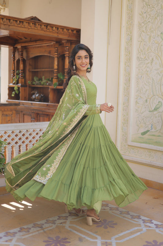 Jyoti Fashion Women's Green Faux Georgette Embroidered Partywear Anarkali Dress with Dupatta