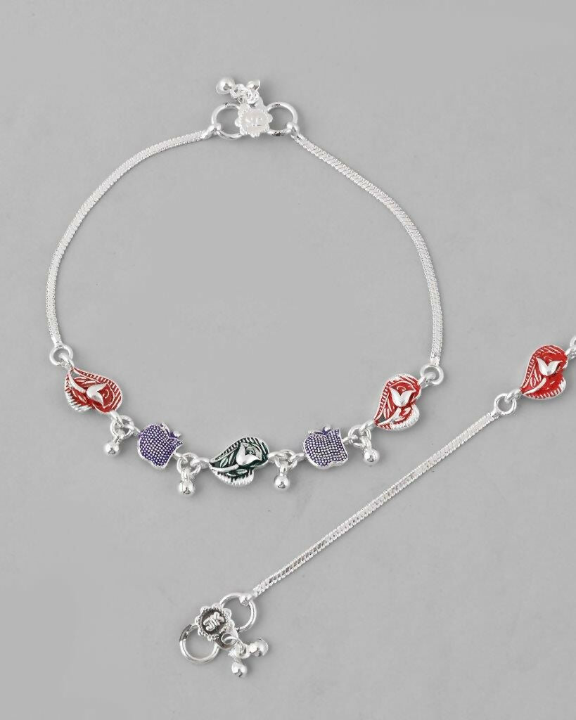 VOJ Set of 2 Silver Plated Designer Multi Color Anklet