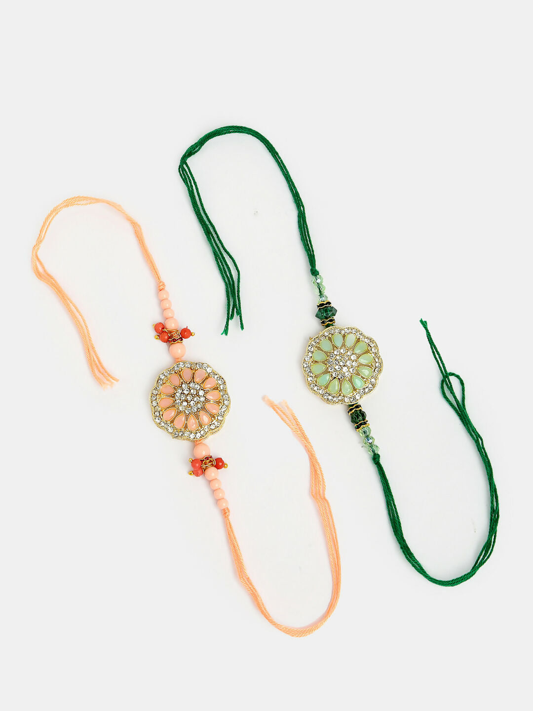 NVR Men Set of 2 Pink & Green Stone-Studded Rakhi With Roli Chawal & Chocolate