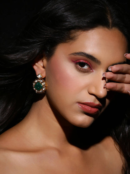 Green Gold-Polished Kundan Studs Earrings - Ruby Raang