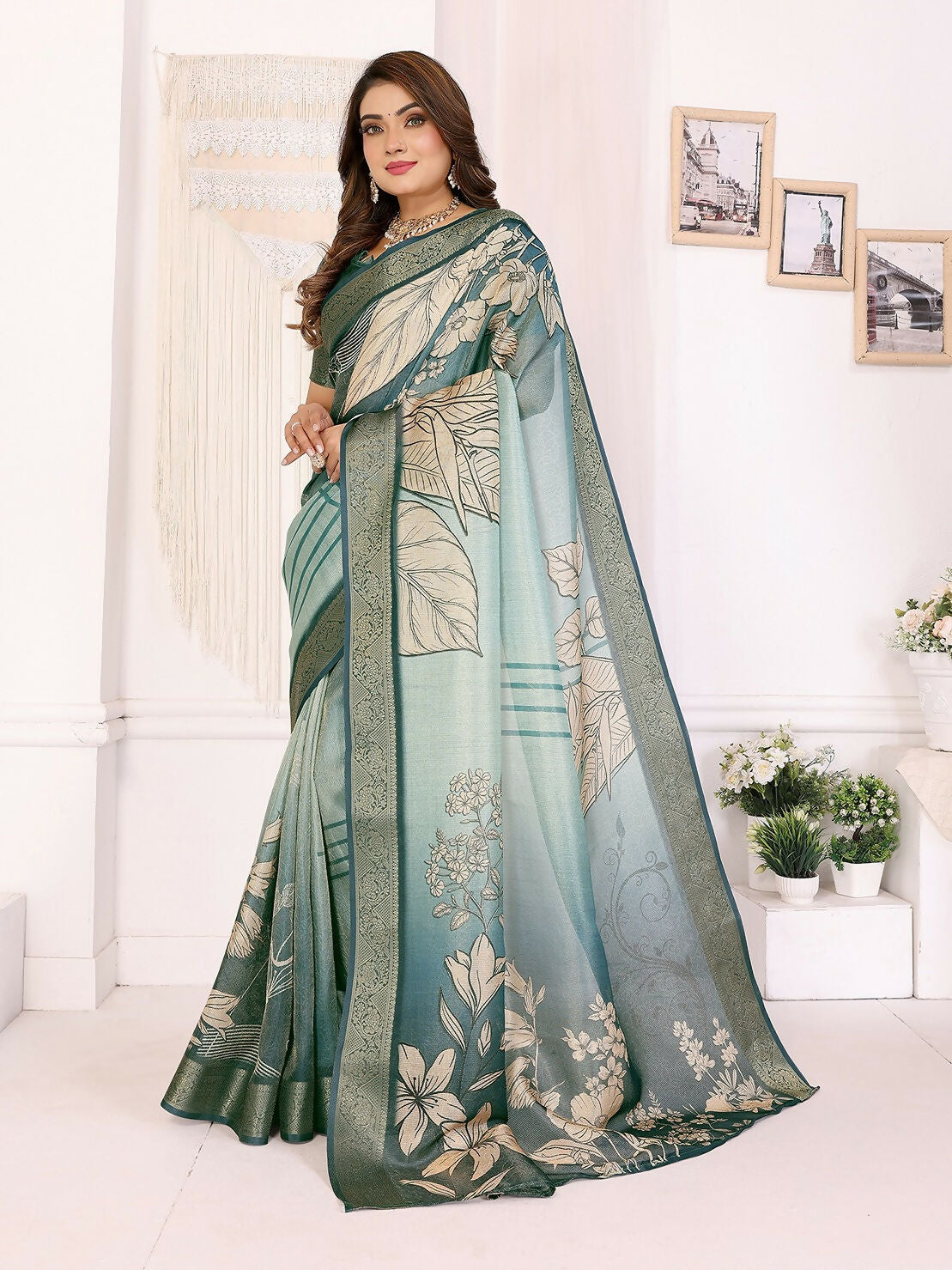 Joban Fashion Teal Floral Print pattern Banarasi Silk Sarees