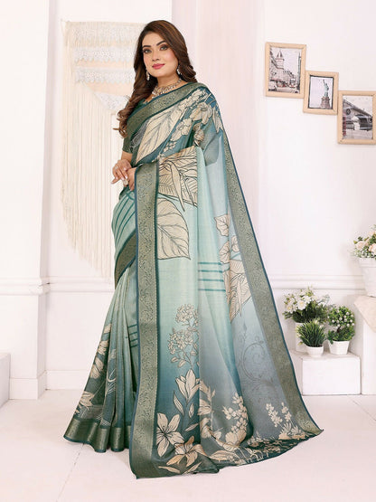 Joban Fashion Teal Floral Print pattern Banarasi Silk Sarees