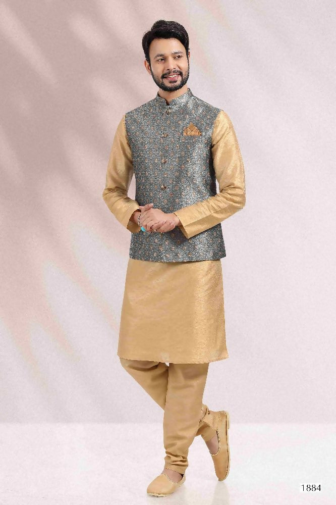 Raivat Ethnic Jacquard Banarasi Silk Woven Work 3 Pics Jacket Set In Grey Colour