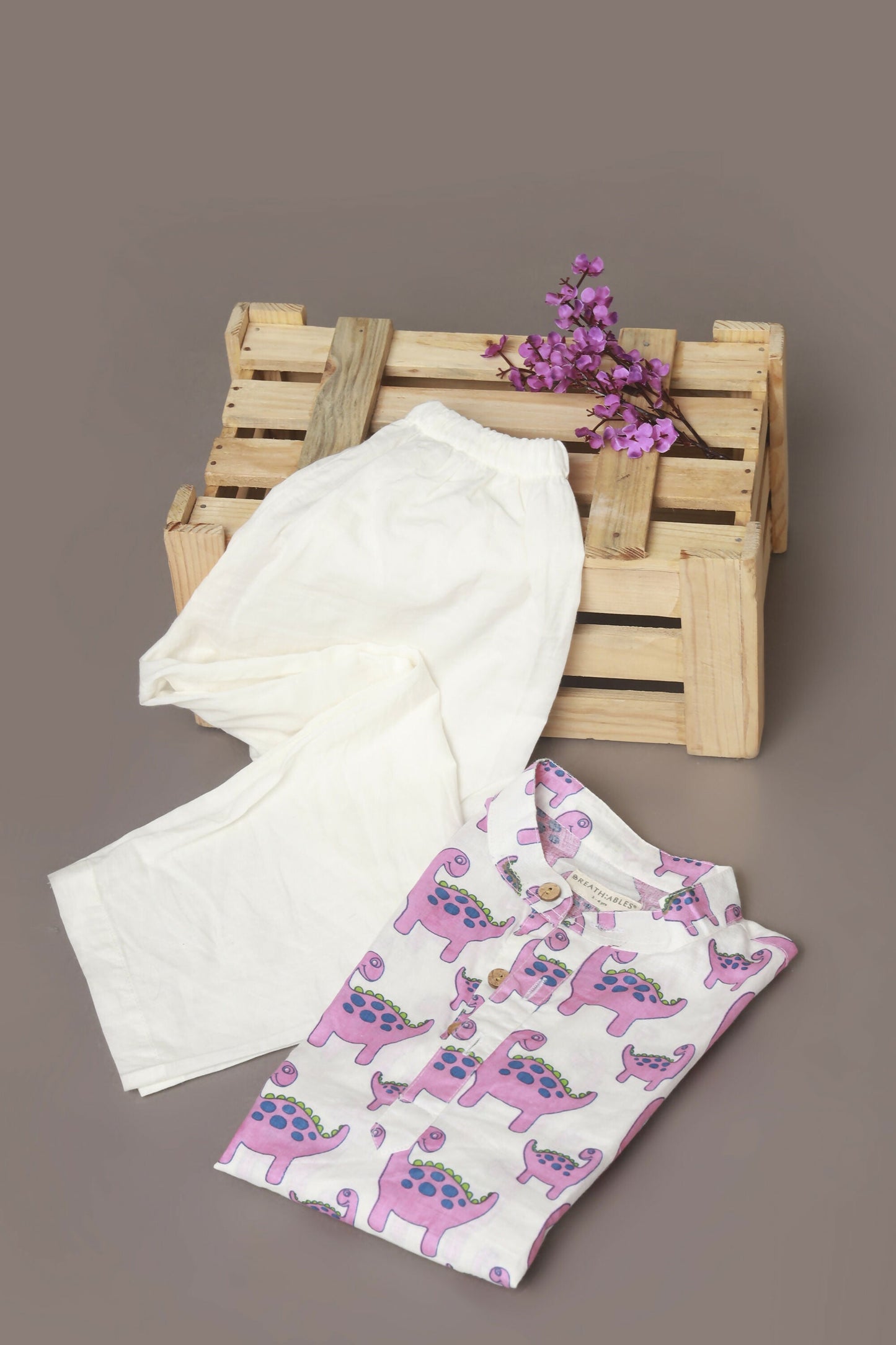 Breathables Kids Boys & Girls Cotton Night Suit – Purple Dinosaur Print Kurta & Pyjama Co-Ord Set