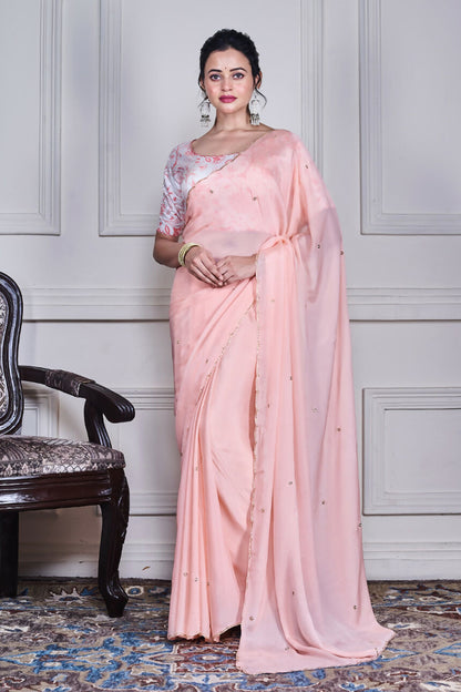 Morchari Peach Chiffon Hand Embroidery Saree And Stitched Blouse