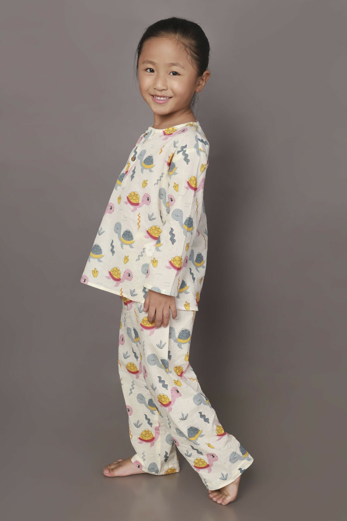 Breathables Kids Cotton Turtle Print Co-Ord Night Suit – White & Multi-Color