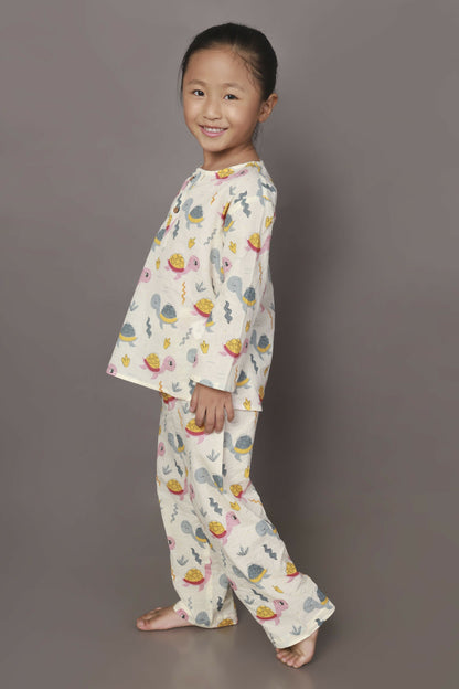 Breathables Kids Cotton Turtle Print Co-Ord Night Suit – White & Multi-Color