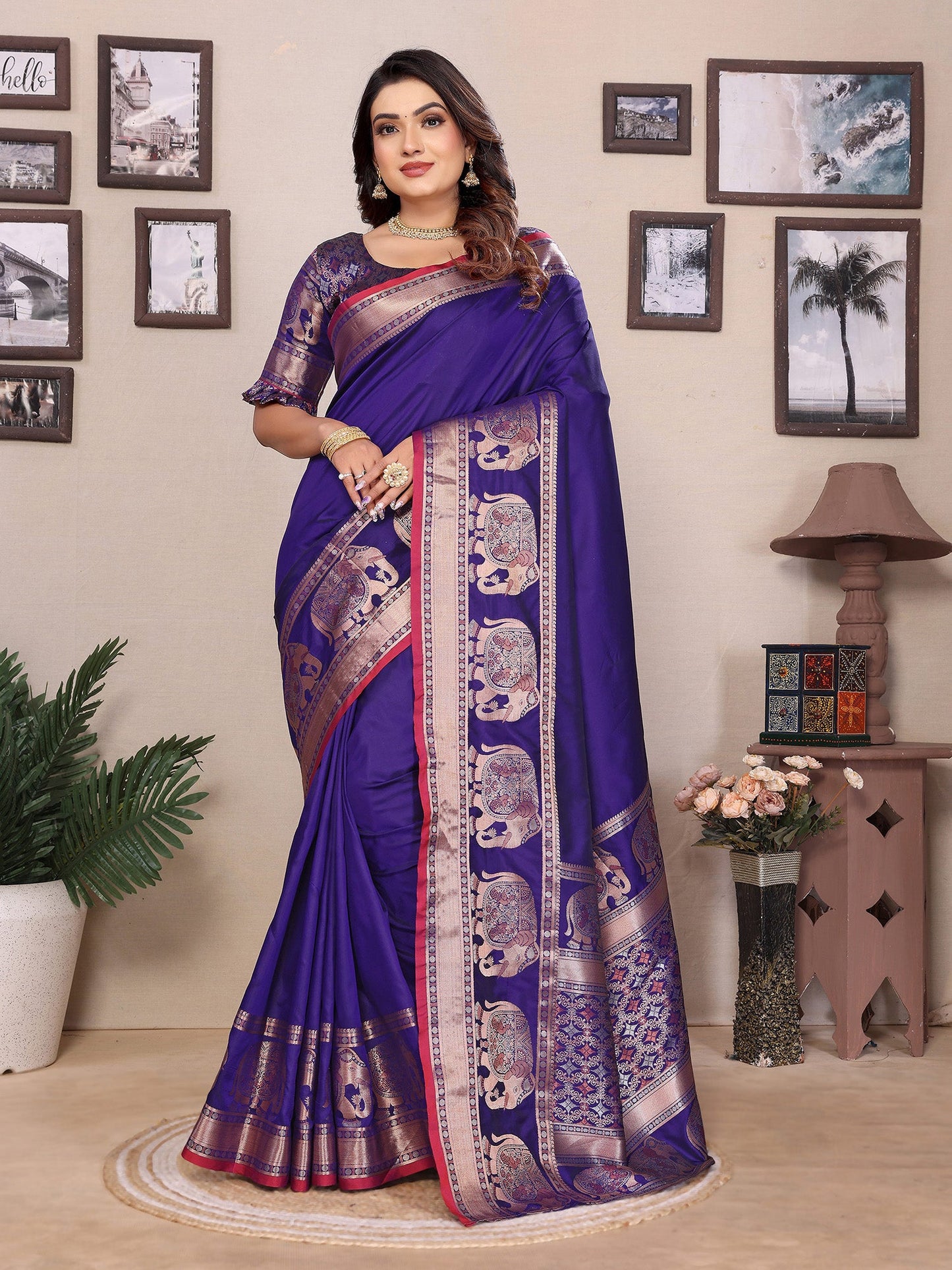 Elora Royal Blue Soft Silk Solid Self Jacquard Weaving Banarasi Saree