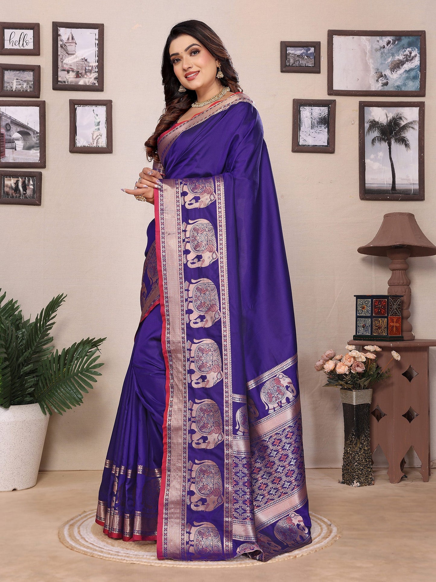 Elora Royal Blue Soft Silk Solid Self Jacquard Weaving Banarasi Saree
