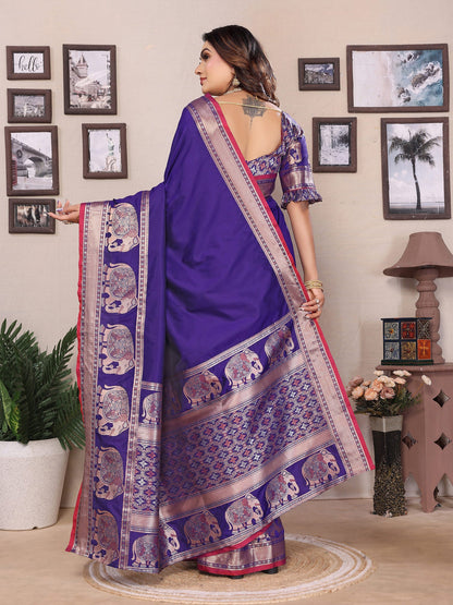 Elora Royal Blue Soft Silk Solid Self Jacquard Weaving Banarasi Saree