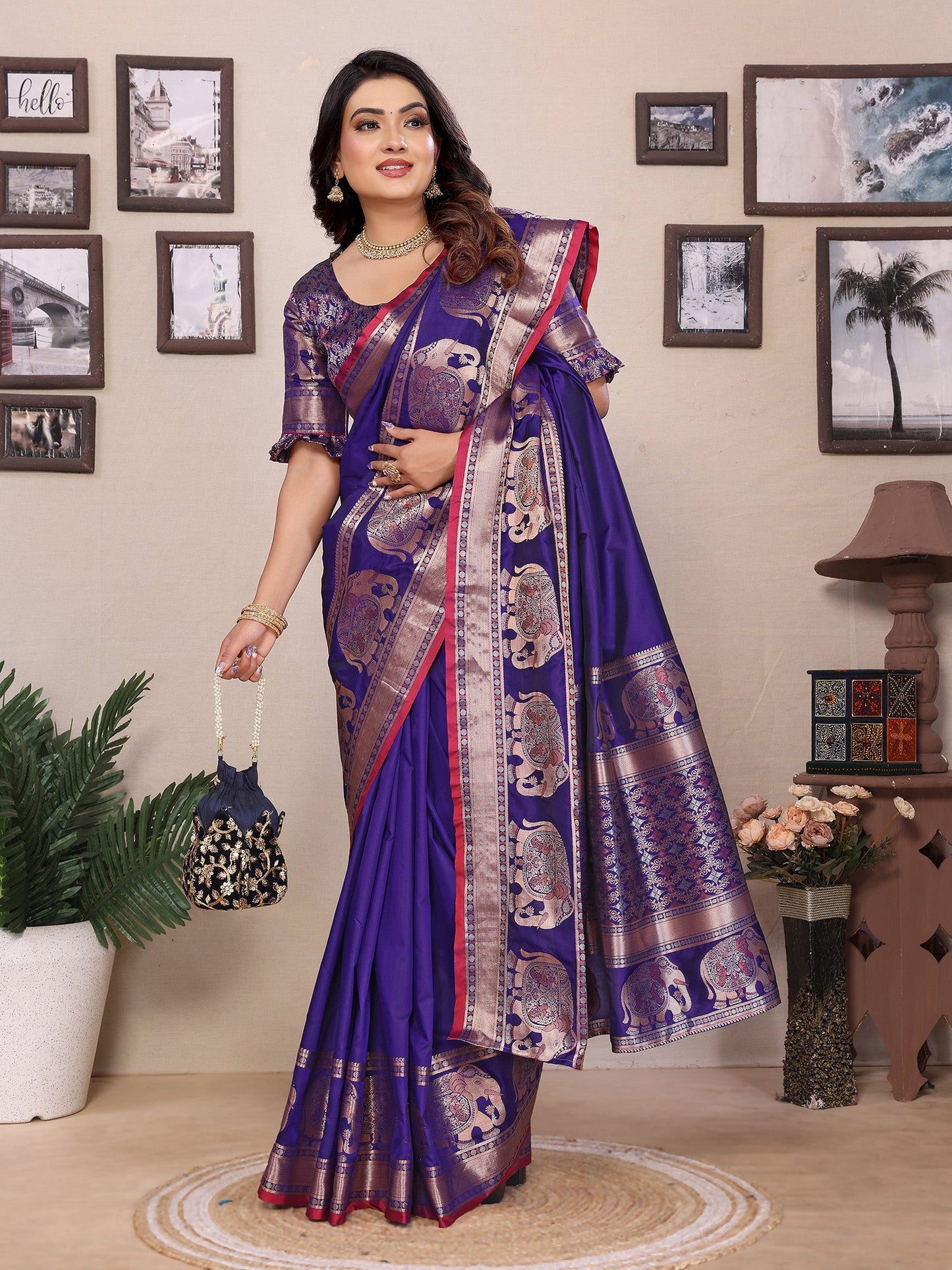Elora Royal Blue Soft Silk Solid Self Jacquard Weaving Banarasi Saree