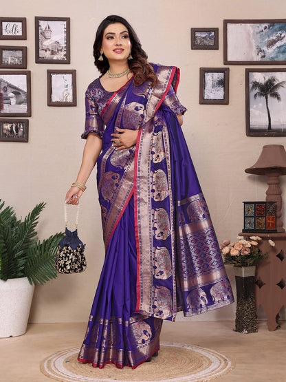 Elora Royal Blue Soft Silk Solid Self Jacquard Weaving Banarasi Saree