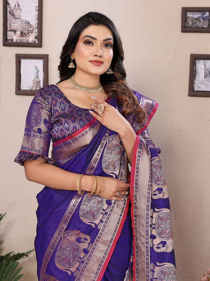 Elora Royal Blue Soft Silk Solid Self Jacquard Weaving Banarasi Saree