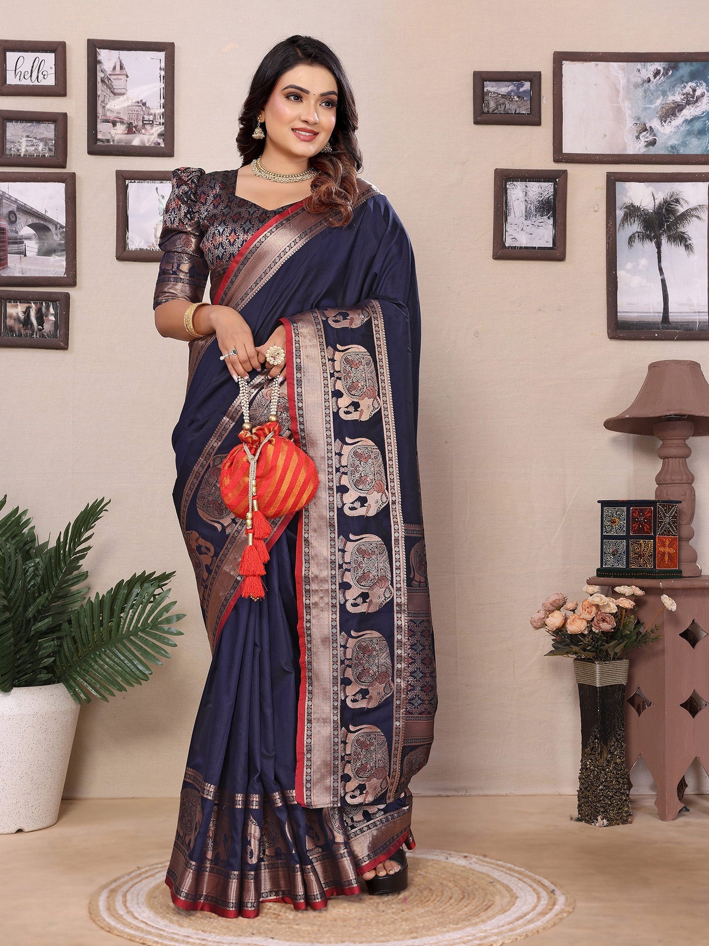 Elora Dark Blue Soft Silk Solid Self Jacquard Weaving Banarasi Saree