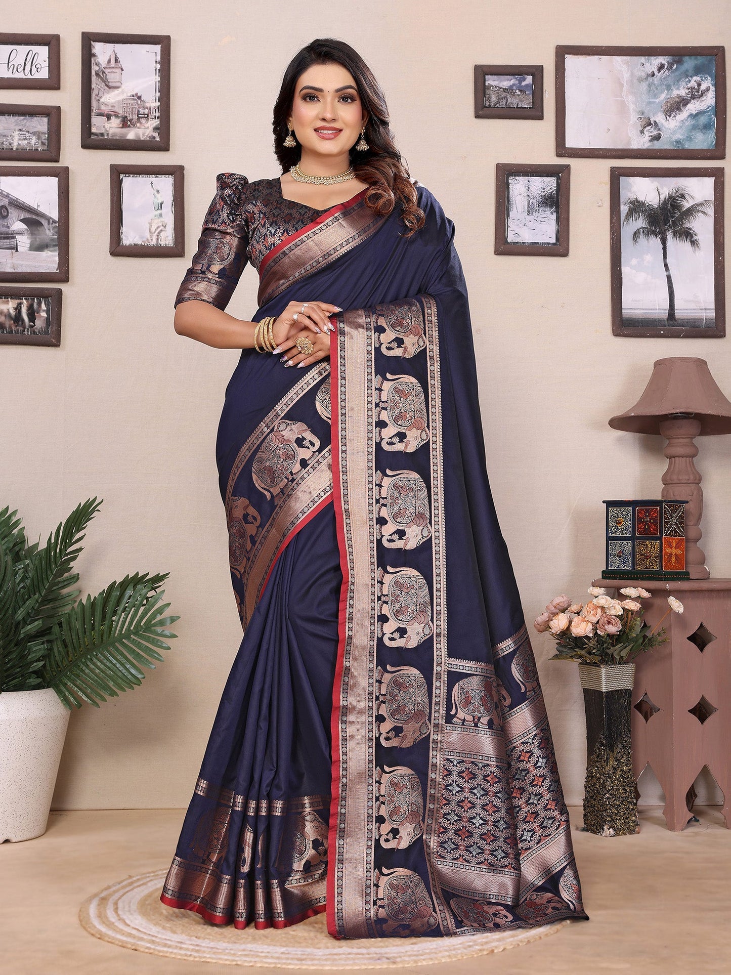 Elora Dark Blue Soft Silk Solid Self Jacquard Weaving Banarasi Saree