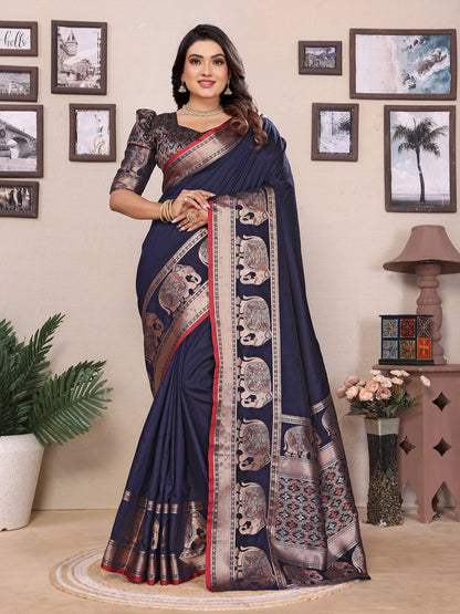 Elora Dark Blue Soft Silk Solid Self Jacquard Weaving Banarasi Saree