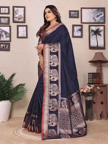 Elora Dark Blue Soft Silk Solid Self Jacquard Weaving Banarasi Saree