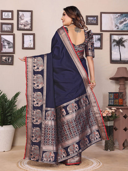 Elora Dark Blue Soft Silk Solid Self Jacquard Weaving Banarasi Saree