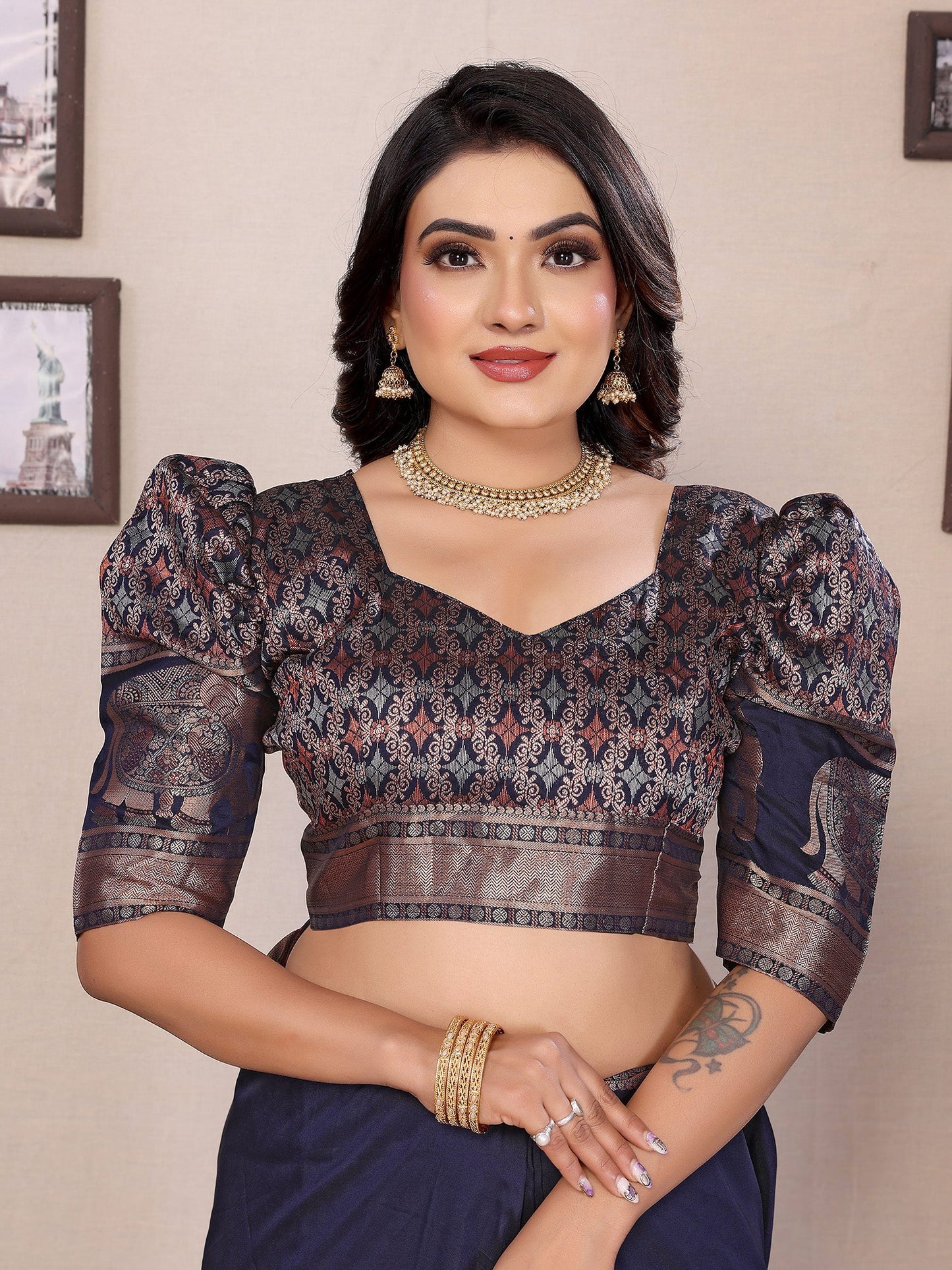 Elora Dark Blue Soft Silk Solid Self Jacquard Weaving Banarasi Saree
