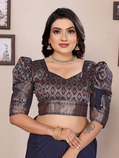 Elora Dark Blue Soft Silk Solid Self Jacquard Weaving Banarasi Saree