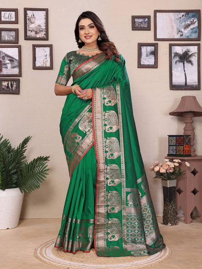 Elora Green Soft Silk Solid Self Jacquard Weaving Banarasi Saree