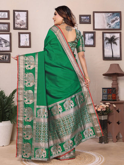 Elora Green Soft Silk Solid Self Jacquard Weaving Banarasi Saree