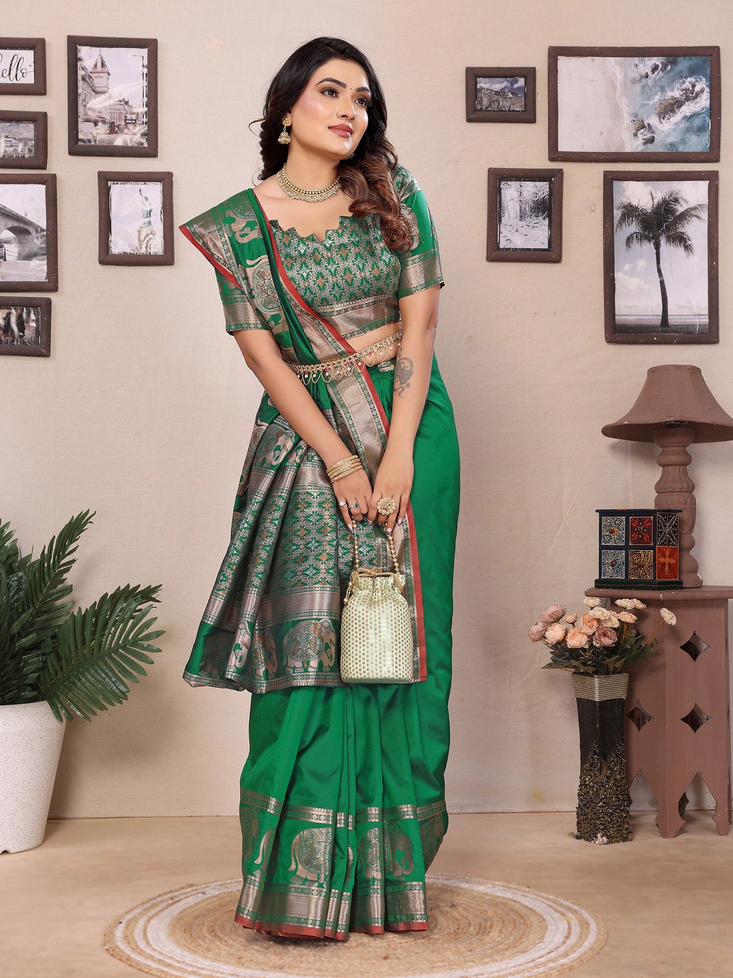 Elora Green Soft Silk Solid Self Jacquard Weaving Banarasi Saree