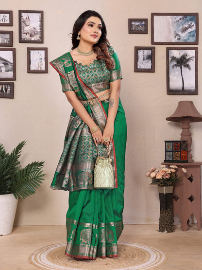 Elora Green Soft Silk Solid Self Jacquard Weaving Banarasi Saree