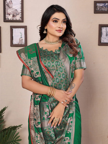 Elora Green Soft Silk Solid Self Jacquard Weaving Banarasi Saree