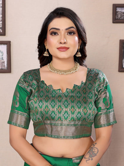 Elora Green Soft Silk Solid Self Jacquard Weaving Banarasi Saree