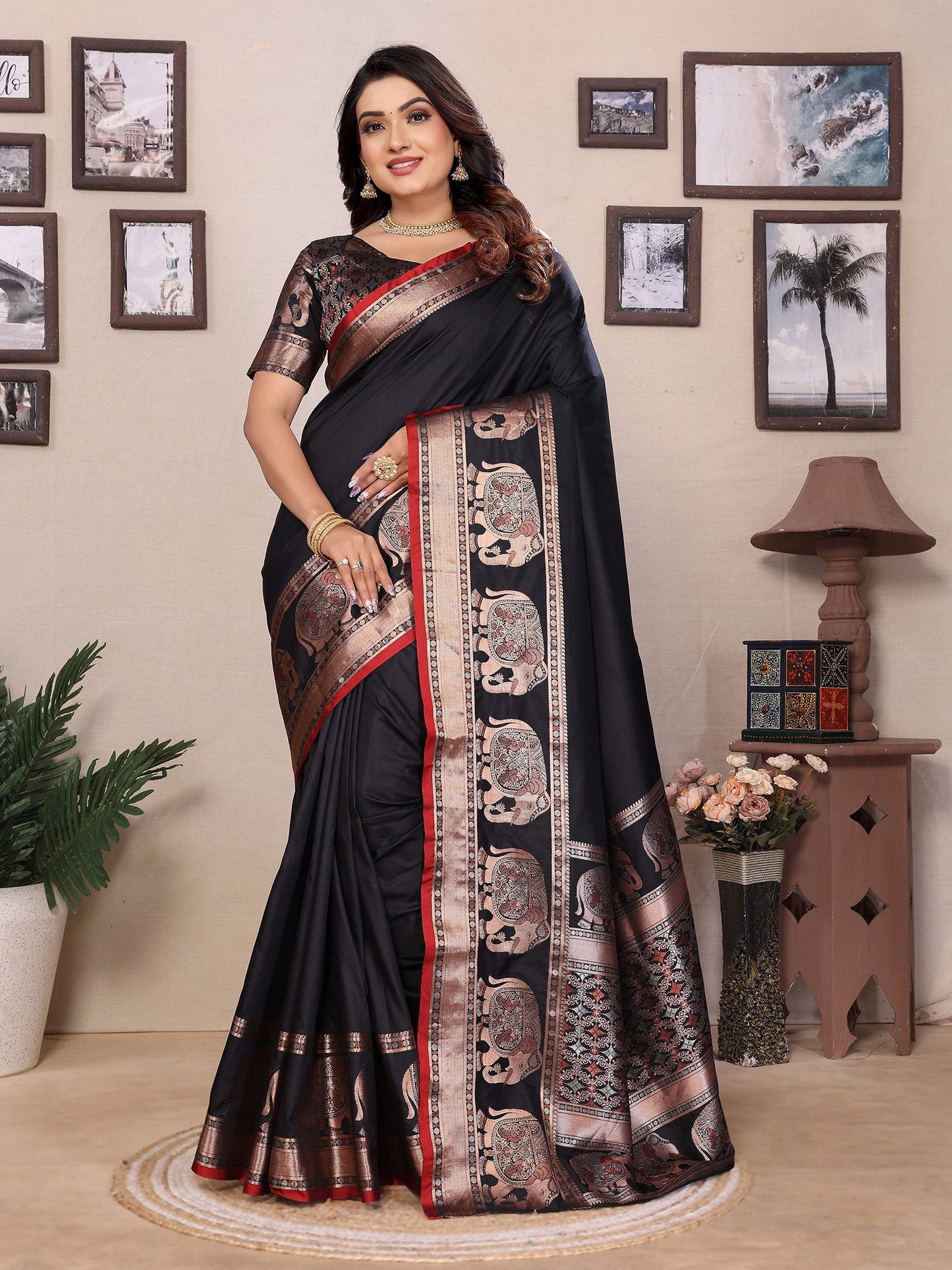 Elora Black Soft Silk Solid Self Jacquard Weaving Banarasi Saree