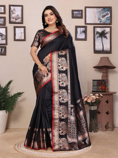 Elora Black Soft Silk Solid Self Jacquard Weaving Banarasi Saree