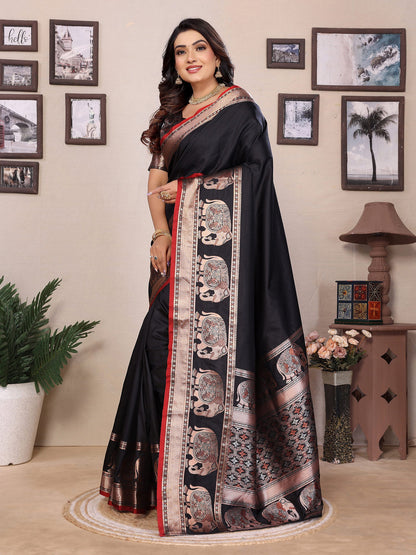 Elora Black Soft Silk Solid Self Jacquard Weaving Banarasi Saree