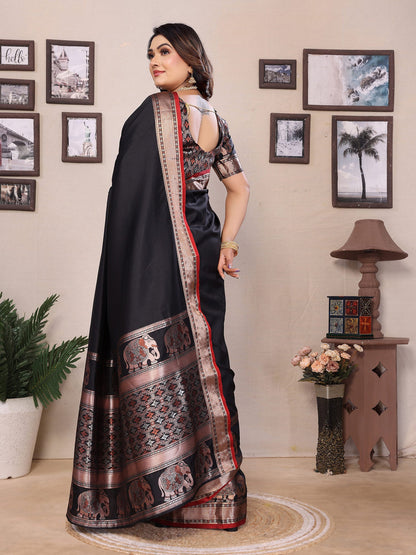 Elora Black Soft Silk Solid Self Jacquard Weaving Banarasi Saree