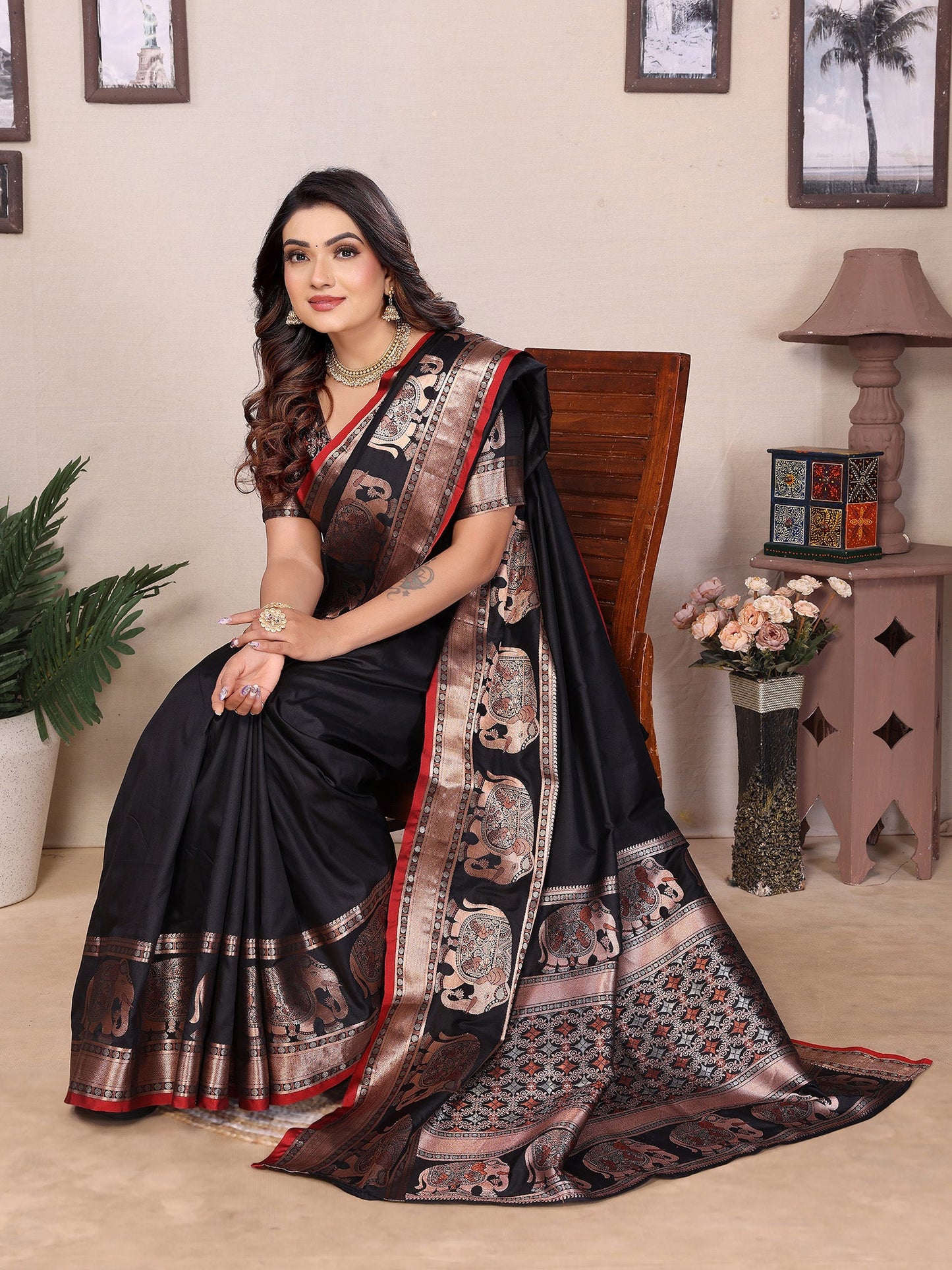 Elora Black Soft Silk Solid Self Jacquard Weaving Banarasi Saree