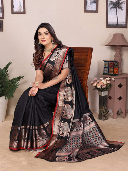 Elora Black Soft Silk Solid Self Jacquard Weaving Banarasi Saree