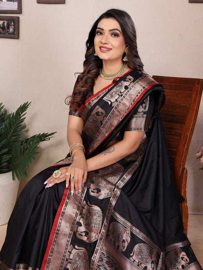 Elora Black Soft Silk Solid Self Jacquard Weaving Banarasi Saree