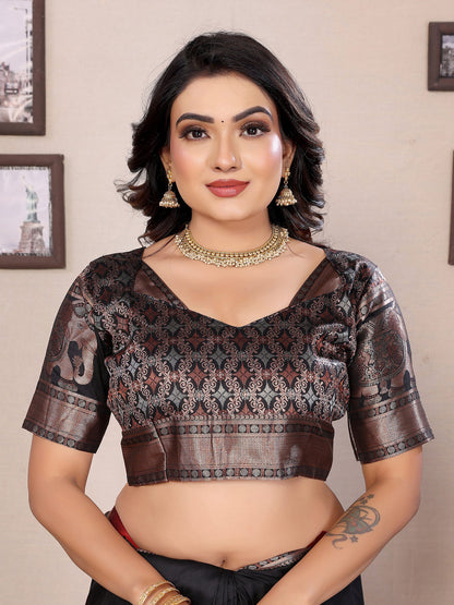 Elora Black Soft Silk Solid Self Jacquard Weaving Banarasi Saree