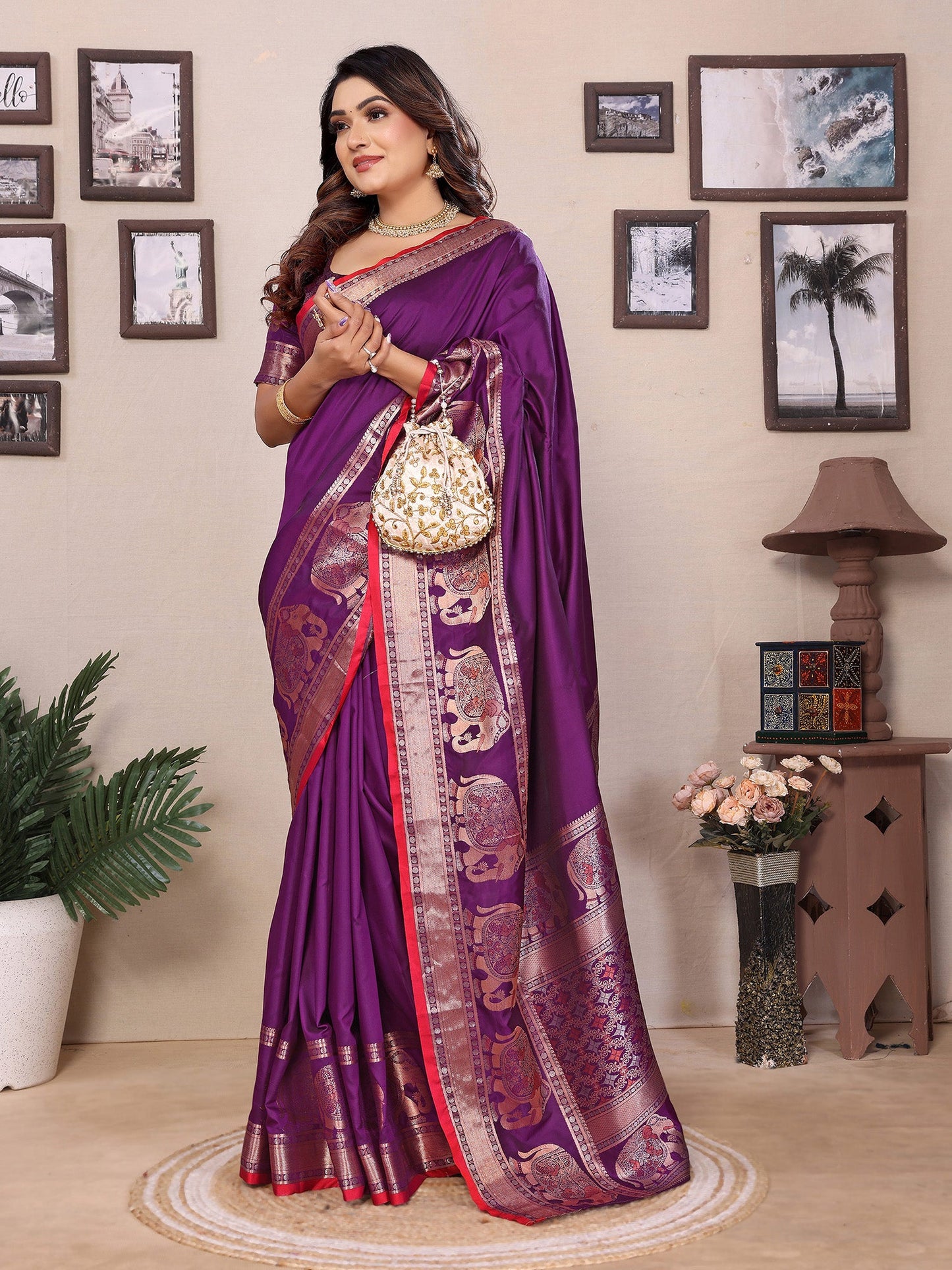 Elora Purple Soft Silk Solid Self Jacquard Weaving Banarasi Saree