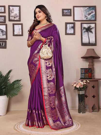 Elora Purple Soft Silk Solid Self Jacquard Weaving Banarasi Saree
