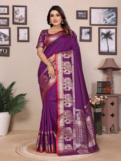 Elora Purple Soft Silk Solid Self Jacquard Weaving Banarasi Saree