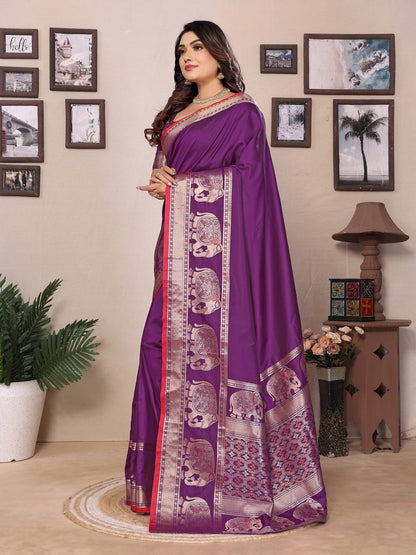 Elora Purple Soft Silk Solid Self Jacquard Weaving Banarasi Saree