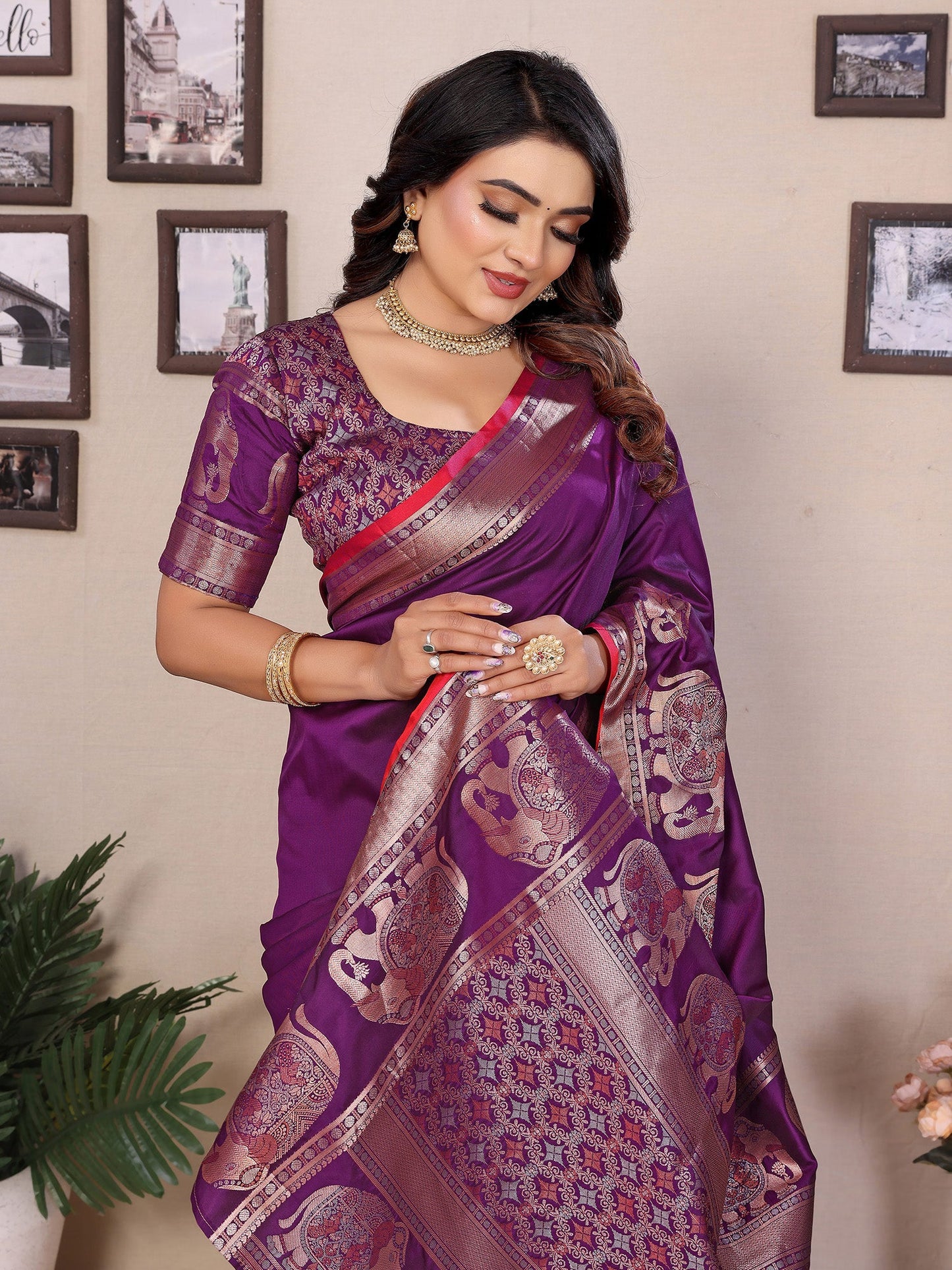 Elora Purple Soft Silk Solid Self Jacquard Weaving Banarasi Saree