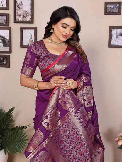 Elora Purple Soft Silk Solid Self Jacquard Weaving Banarasi Saree