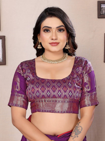 Elora Purple Soft Silk Solid Self Jacquard Weaving Banarasi Saree