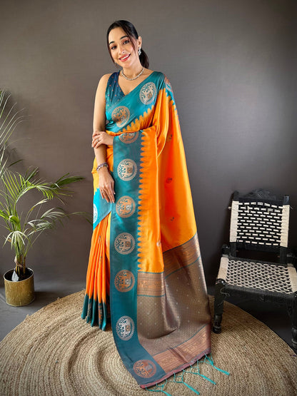 Elora Orange Soft Silk Butti Zari Weaving Work Banarasi Saree