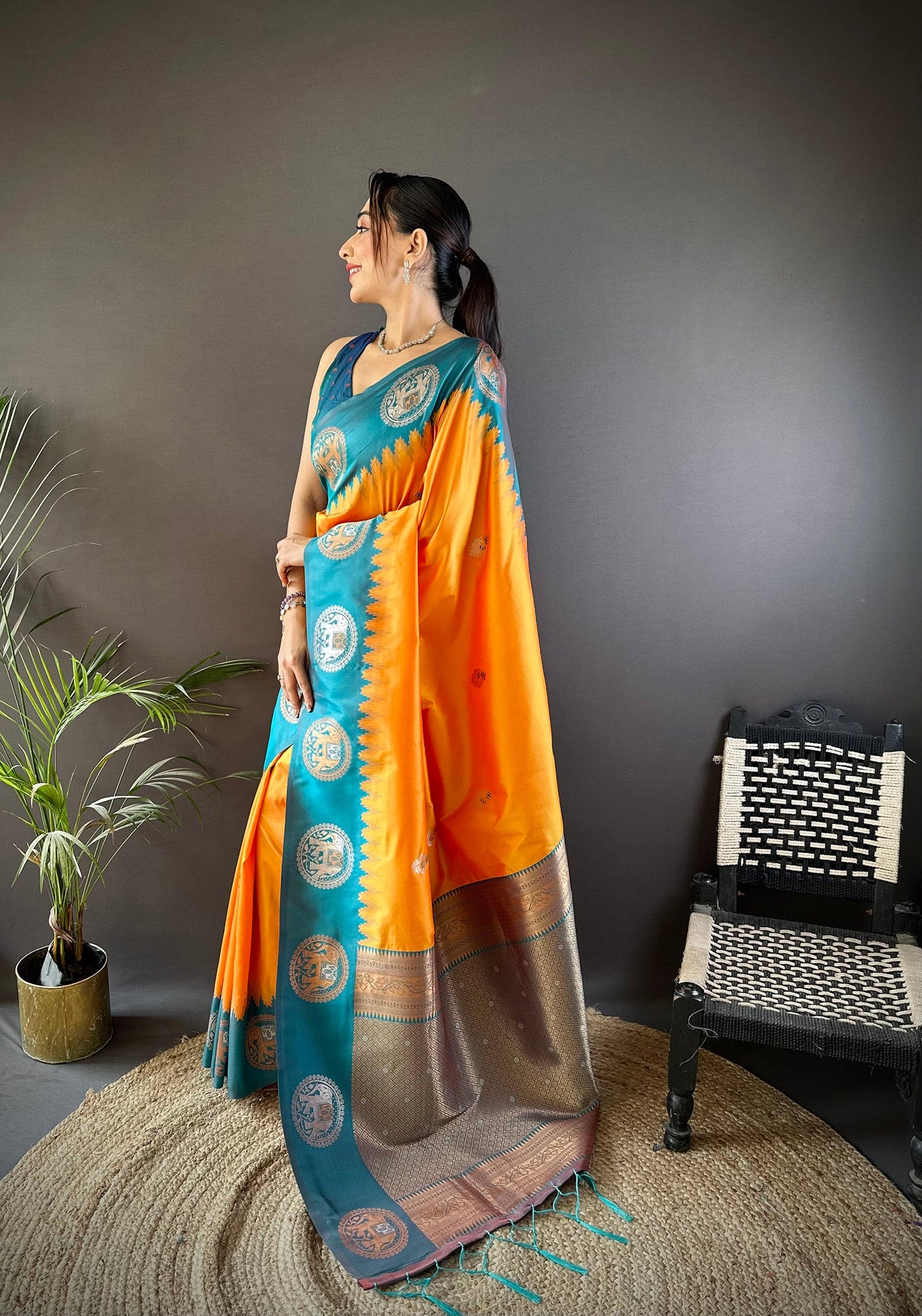 Elora Orange Soft Silk Butti Zari Weaving Work Banarasi Saree